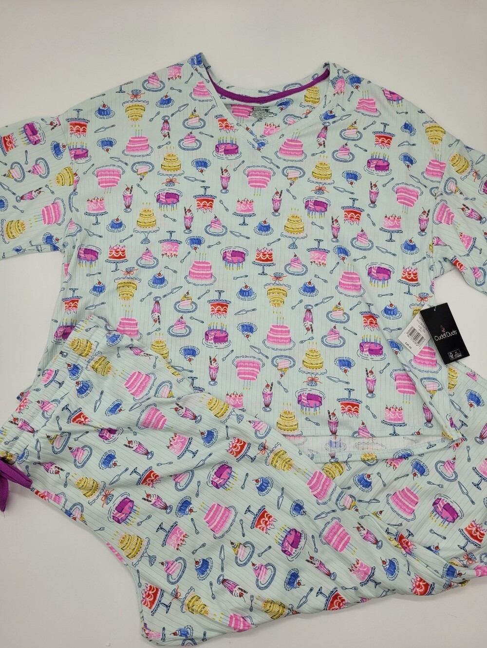 Cuddl Duds Pajama Set Capri Light Blue Cake Print Pockets Pink Size XXL 2pc NEW